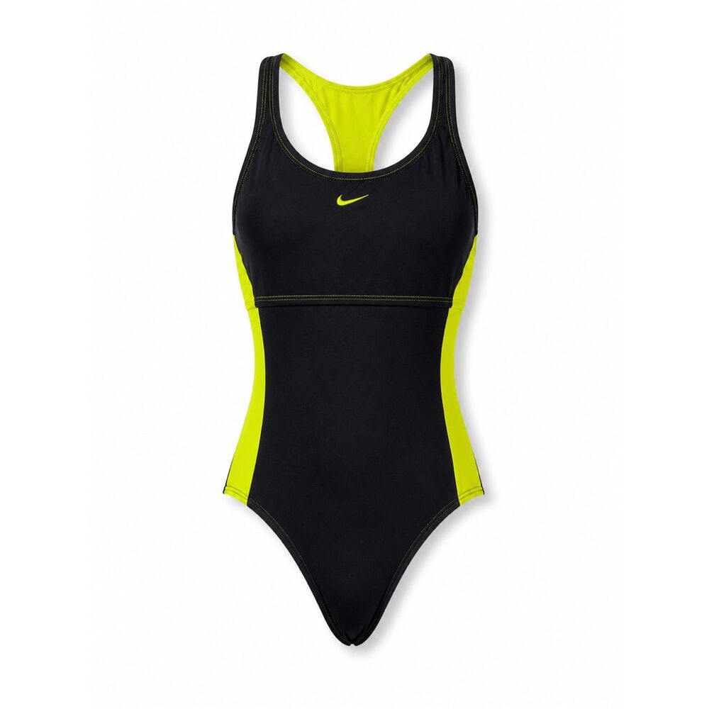 Nike Black Neon Yellow One Piece Swimsuit Size 12 Racerback Athletic Swim